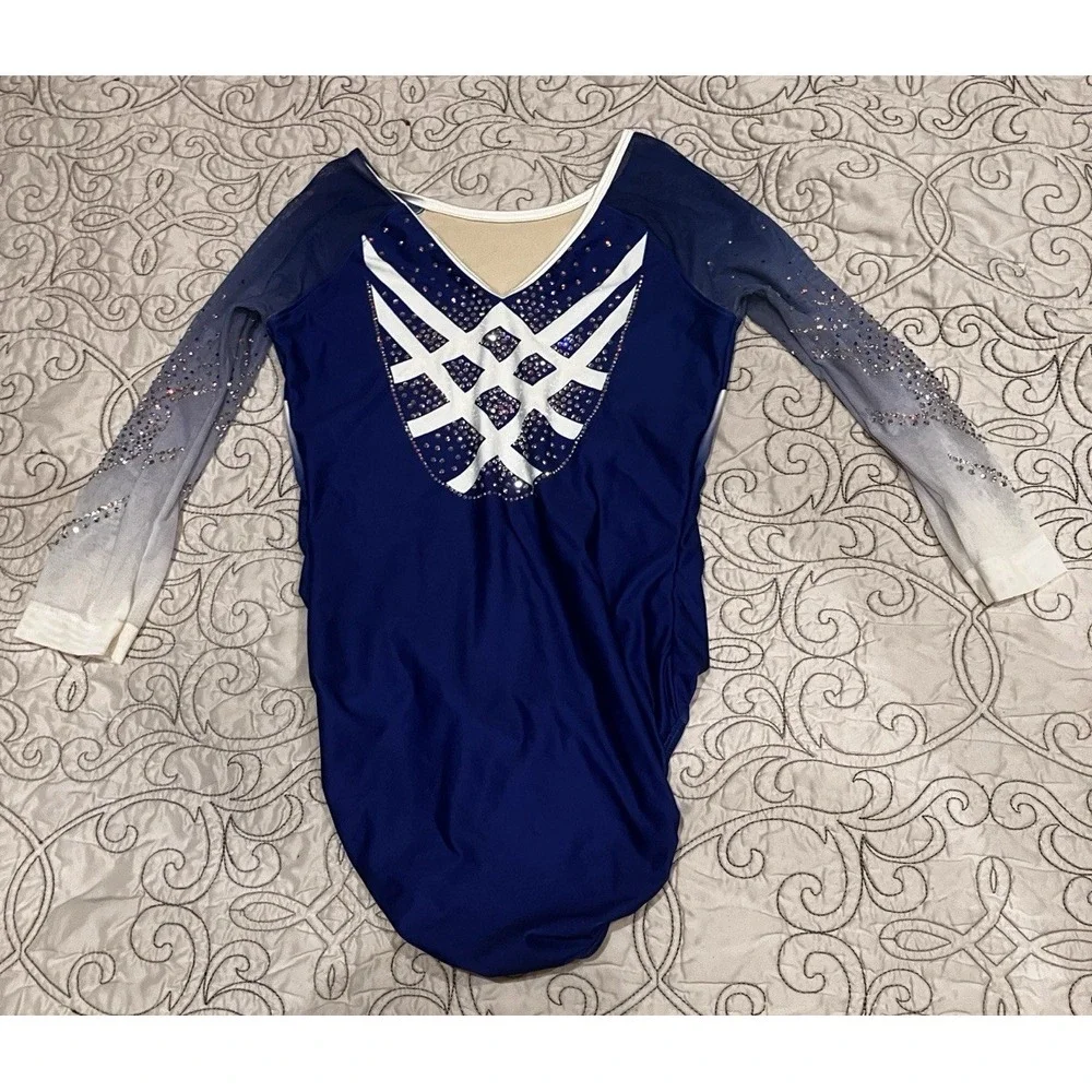 OZone Blue White Rhinestone Long Sleeve Gymnastics Leotard Adult XL
